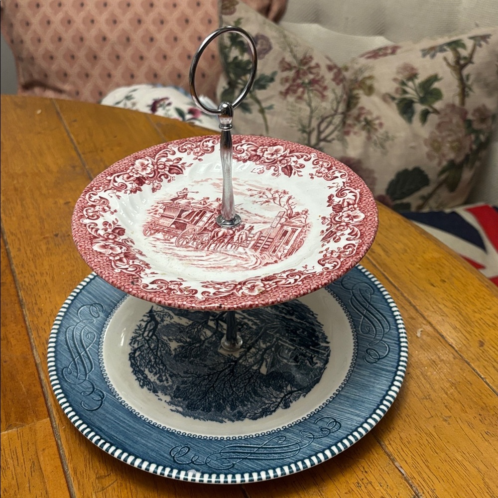Blue and White Two-Tier Serving Stand